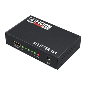 Black HDMI splitter 1x4 box with an input port, four output indicators, a red power LED, and a 5V DC input on the side; labeled SPLITTER 1X4.