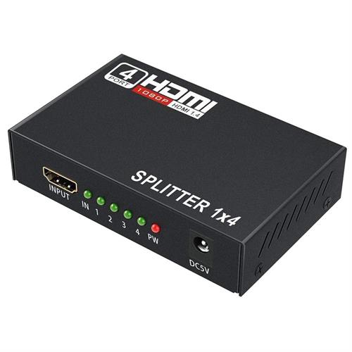 ZA-4PHDMIS - Computech-Solutions Black HDMI splitter 1x4 box with an input port, four output indicators, a red power LED, and a 5V DC input on the side; labeled SPLITTER 1X4.