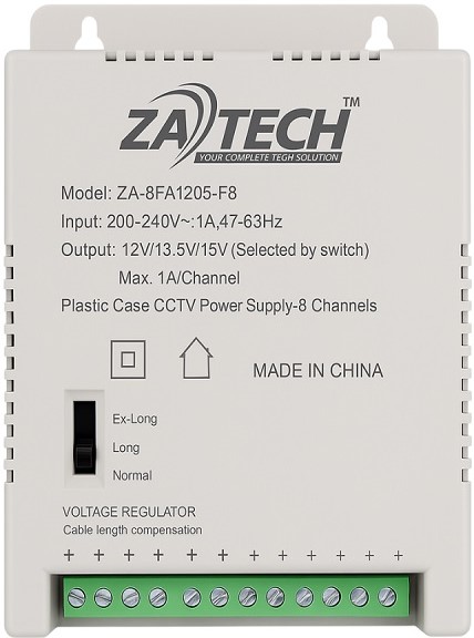 ZA-8FA1205-F8 - Computech-Solutions ZA-TECH plastic CCTV power supply/voltage regulator with 8-channel terminal block, model ZA-8FA1205-F8; shows input/output specs and a 3-position switch (Ex-Long, Long, Normal).
