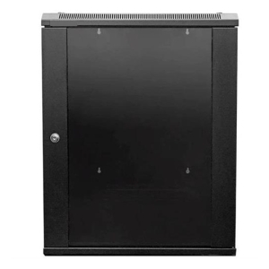 Black metal server rack cabinet with a lockable door on the left side.