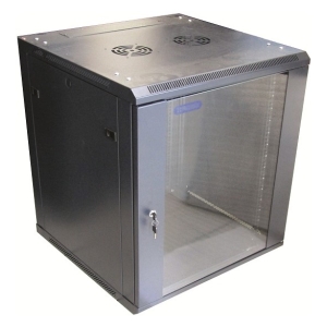Lockable black metal server cabinet with a glass front door; empty interior ready for equipment.