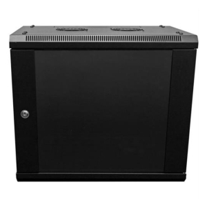 Front view of a black metal equipment cabinet (server enclosure) with a locked door and two cooling fans on top.