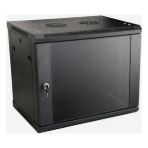Black server rack cabinet with a lockable glass front door