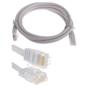 Coiled gray Ethernet patch cable with two RJ-45 connectors showing gold pins