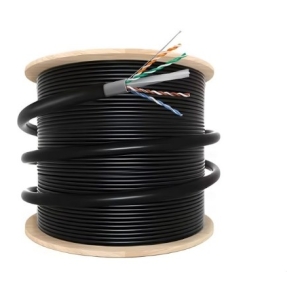 Coiled black network Ethernet cable on a wooden spool with exposed twisted pairs at the end.