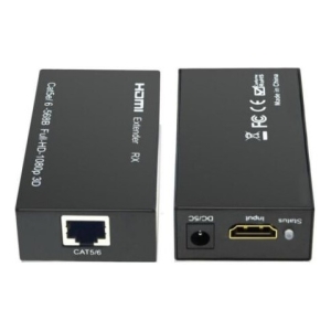 HDMI over Cat5/6 extender pair: left unit with RJ45 port, right unit with HDMI connector and DC power jack for extending HDMI via Cat5/6 cable.