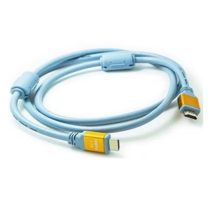 Coiled blue HDMI cable with gold-plated connectors and a ferrite choke in the middle.