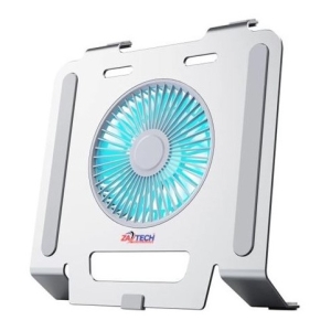 White laptop cooling stand with a blue circular fan at the center, viewed from the front.