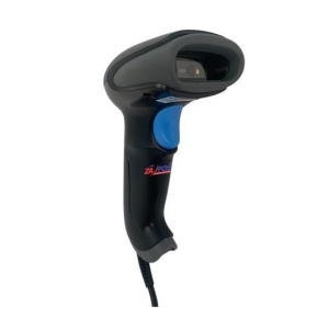 Wired handheld barcode scanner with black body and blue trigger, scanning window at the top for reading barcodes at a point of sale.