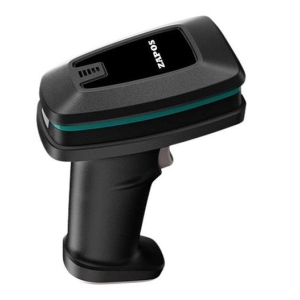 Handheld barcode scanner aimed at a small item, with black body and teal accent stripe (inflection: wireless handheld reader).