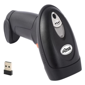 Wireless handheld barcode scanner with USB dongle (black, ergonomic grip) and orange trigger.