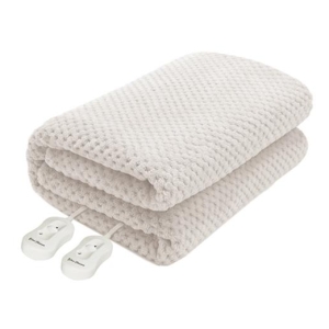 Cream-colored electric heating blanket with two control units attached, showing a soft waffle texture and folded edges