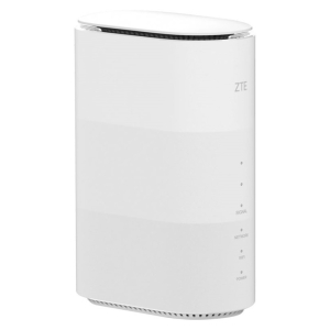 White modem/router with vertical LED indicators labeled Signal, Network, Wi‑Fi, and Power on the right side; vented top and curved edges (ZTE brand).