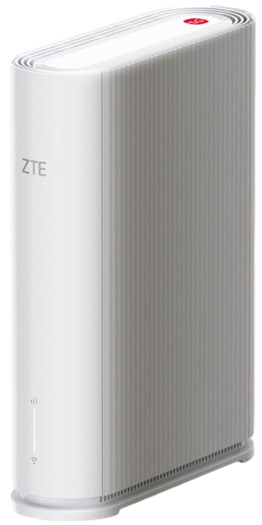 ZTE-G5TS - Computech-Solutions White ZTE 4G LTE wireless router standing upright with vertical ridges and small indicator lights at the lower front.