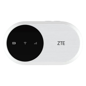 ZTE portable Wi‑Fi hotspot with white oval body and black circular display showing battery, Wi‑Fi, and signal indicators.