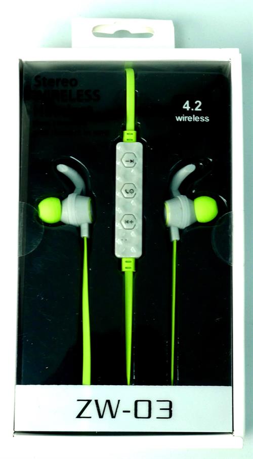 ZW-03-GRN - Computech-Solutions Packaging for Zw-03 Bluetooth in-ear headphones with neon green cable and inline control panel; two silicone-tipped earbuds visible.