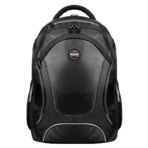 Black backpack with multiple zip compartments and a small logo on the front, suitable for school or travel.