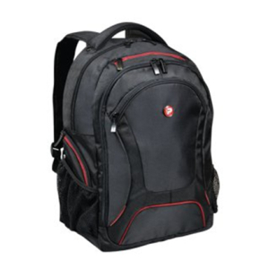 160511 - Computech-Solutions Black backpack with multiple compartments and red accent piping, side mesh pockets visible.