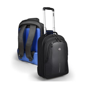Black wheeled carry-on suitcase with a silver telescoping handle, paired with a blue backpack behind it as a luggage set image.