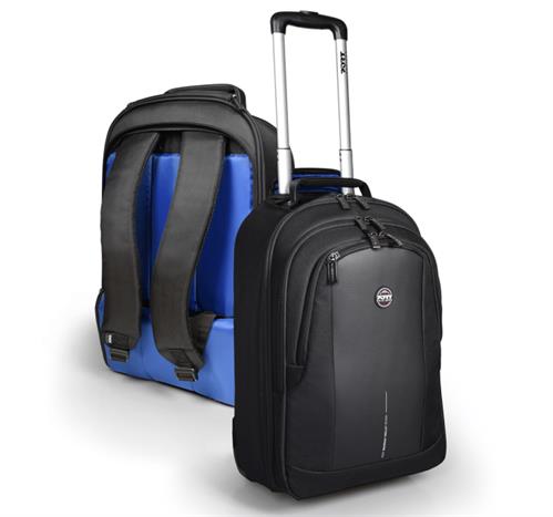 170231 - Computech-Solutions Black wheeled carry-on suitcase with a silver telescoping handle, paired with a blue backpack behind it as a luggage set image.