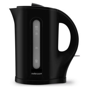 Black cordless electric kettle with a side water-level gauge showing 0.5L to 1.7L on the window.