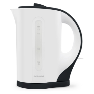 White electric kettle with a black base and handle, featuring a vertical water level gauge on the side (0.5L–1.7L).