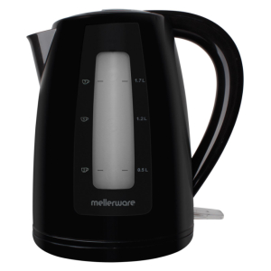 22600BK - Computech-Solutions Black electric kettle with a transparent water level window showing 0.5 L, 1.2 L, and 1.7 L marks (brand: mellerware)