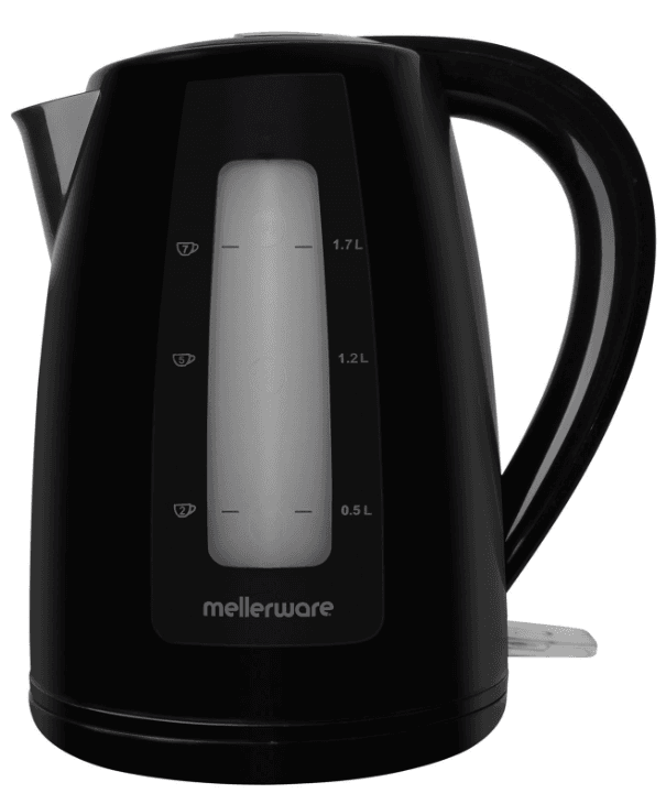22600BK ComputechSolutions Black electric kettle with a transparent water level window showing 0.5 L, 1.2 L, and 1.7 L marks (brand: mellerware)