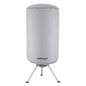 23700A - Computech-Solutions White cylindrical outdoor heater with a protective cover mounted on a tripod stand, featuring the Mellerware logo at the base