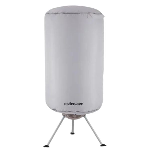 23700A - Computech-Solutions White cylindrical outdoor heater with a protective cover mounted on a tripod stand, featuring the Mellerware logo at the base