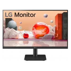 24MS500-BAFAQ - Computech-Solutions LG Monitor on a black stand displaying a colorful landscape with abstract shapes, branding visible on screen edge: product photo.