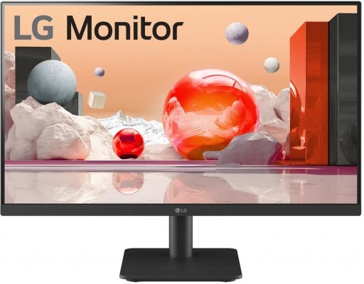24MS500-BAFAQ - Computech-Solutions LG Monitor on a black stand displaying a colorful landscape with abstract shapes, branding visible on screen edge: product photo.