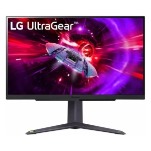 27GS75Q-BAFB - Computech-Solutions LG UltraGear gaming monitor on a V-shaped stand displaying a neon space wallpaper with a spaceship.