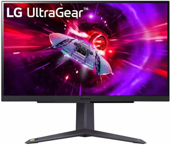 27GS75Q-BAFB - Computech-Solutions LG UltraGear gaming monitor on a V-shaped stand displaying a neon space wallpaper with a spaceship.