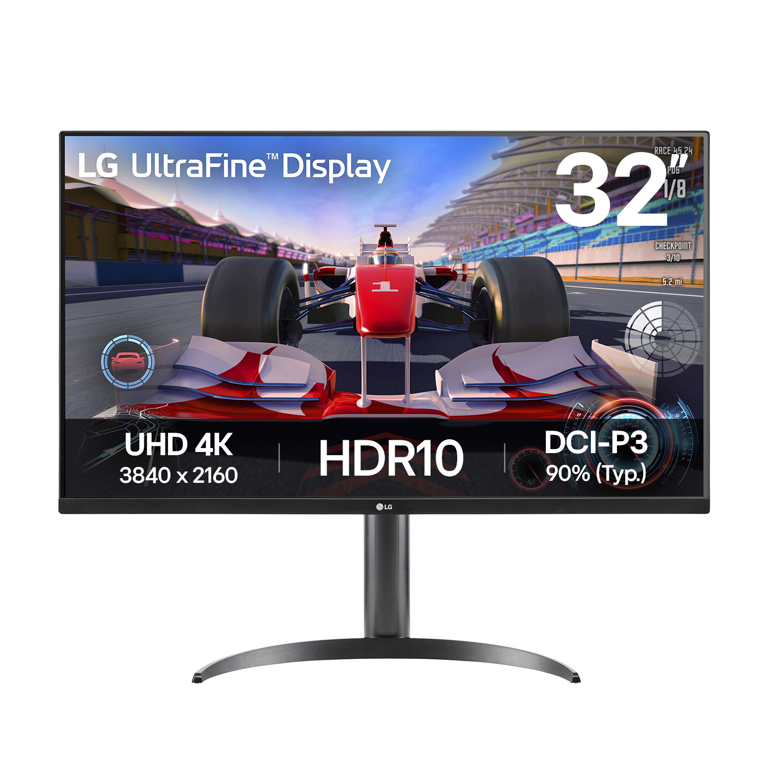 32UR550K-BAFB_LG-UltraFine-32-inch-4K-UHD-VA-Monitor_wr_01ajpg - Computech-Solutions LG UltraFine Display monitor showing a Formula 1 car on a racetrack with 32-inch size and 4K HDR specs (UHD 4K, HDR10, DCI-P3 90%).