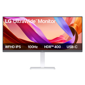 34U530A-WAFB - Computech-Solutions LG UltraWide Monitor on stand, banner showing WFH IPS, 100Hz, HDR 400, USB-C features.