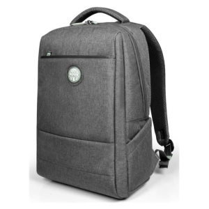 400703 - Computech-Solutions Gray backpack with a top handle, padded shoulder straps, and a front zip pocket featuring a circular logo emblem.
