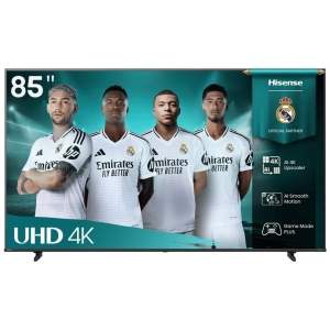 85A6Q - Computech-Solutions 85" Hisense UHD 4K TV banner with Real Madrid players in white kits, promotional artwork and brand logo on the right side.
