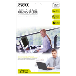 900389_Port-Designs-133-inch-Touch-Screen-Privacy-Filter-Black_wr_01ajpg - Computech-Solutions Packaging for Port Connect Professional Privacy Filter for laptops and desktops, with a woman at a desk and office monitors in the background.
