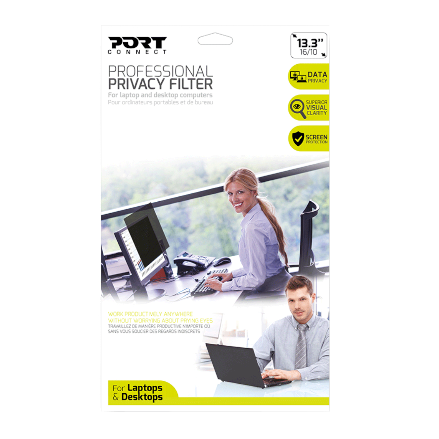 900389_Port-Designs-133-inch-Touch-Screen-Privacy-Filter-Black_wr_01ajpg - Computech-Solutions Packaging for Port Connect Professional Privacy Filter for laptops and desktops, with a woman at a desk and office monitors in the background.