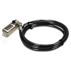 Black braided steel security cable coiled with a four-digit combination padlock attached at one end.