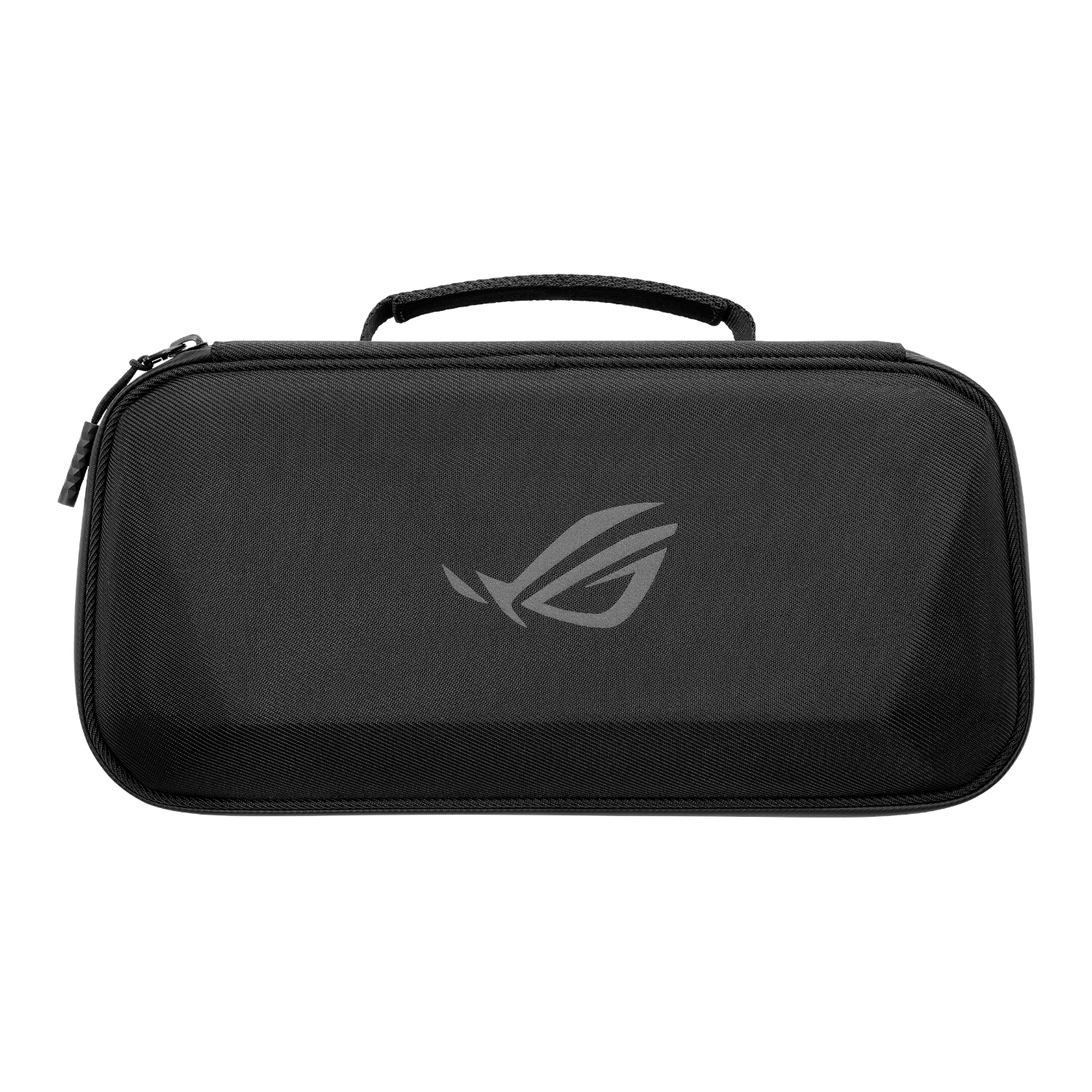 90NV00D0-P00030_Asus-ROG-Xbox-Ally-2-in-1-Premium-Case--Black_wr_01jpg - Computech-Solutions Black zippered carrying case with a top handle and a gray ROG logo on the front.
