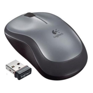 Logitech wireless mouse with its USB dongle (nano receiver) for computer use in gray and black styling