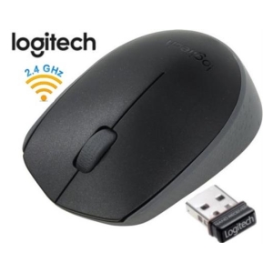 Logitech wireless mouse with USB receiver (black, angled view) showing 2.4 GHz wireless symbol