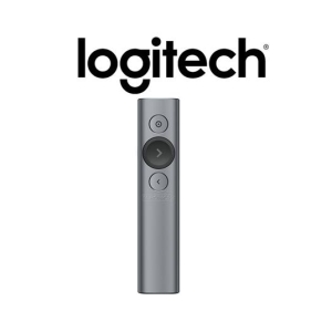 Logitech logo above a slim silver remote with a circular navigation pad and two arrow buttons.