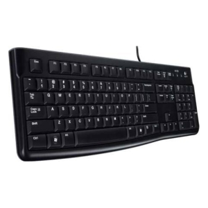 Black full-size computer keyboard angled on a light background, with a numeric keypad on the right and a built-in palm rest.