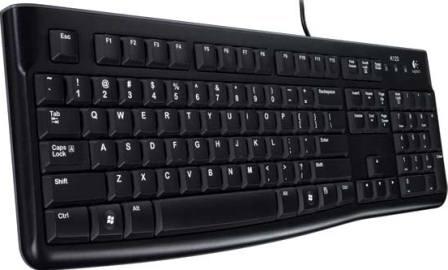 920-002508 - Computech-Solutions Black full-size computer keyboard angled on a light background, with a numeric keypad on the right and a built-in palm rest.