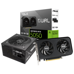 ASUS_CC_BUN_4_Asus-Nvidia-GeForce-RTX-5050-OC-Edition-and-750W-80-PLUS-Bronze-Non-Modular-Power-Supply-Bundle_wr_01ajpg - Computech-Solutions ASUS GeForce RTX 5050 graphics card with dual fans next to its packaging box on a white background.