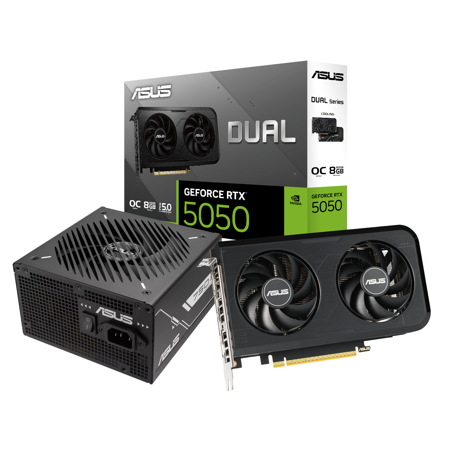 ASUS_CC_BUN_4_Asus-Nvidia-GeForce-RTX-5050-OC-Edition-and-750W-80-PLUS-Bronze-Non-Modular-Power-Supply-Bundle_wr_01ajpg - Computech-Solutions ASUS GeForce RTX 5050 graphics card with dual fans next to its packaging box on a white background.