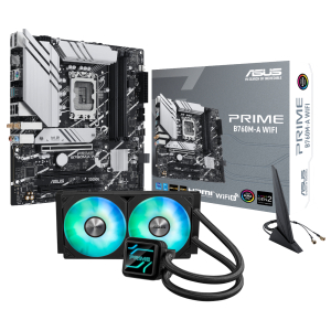 ASUS_CC_BUN_7_Asus-PRIME-B760M-A-WIFI-LGA1700-and-Asus-Prime-LC-240-ARGB-Liquid-CPU-Cooler-Bundle_wr_01jpg - Computech-Solutions ASUS PRIME B760M-A WiFi motherboard with liquid cooling kit and fans shown beside the box image.